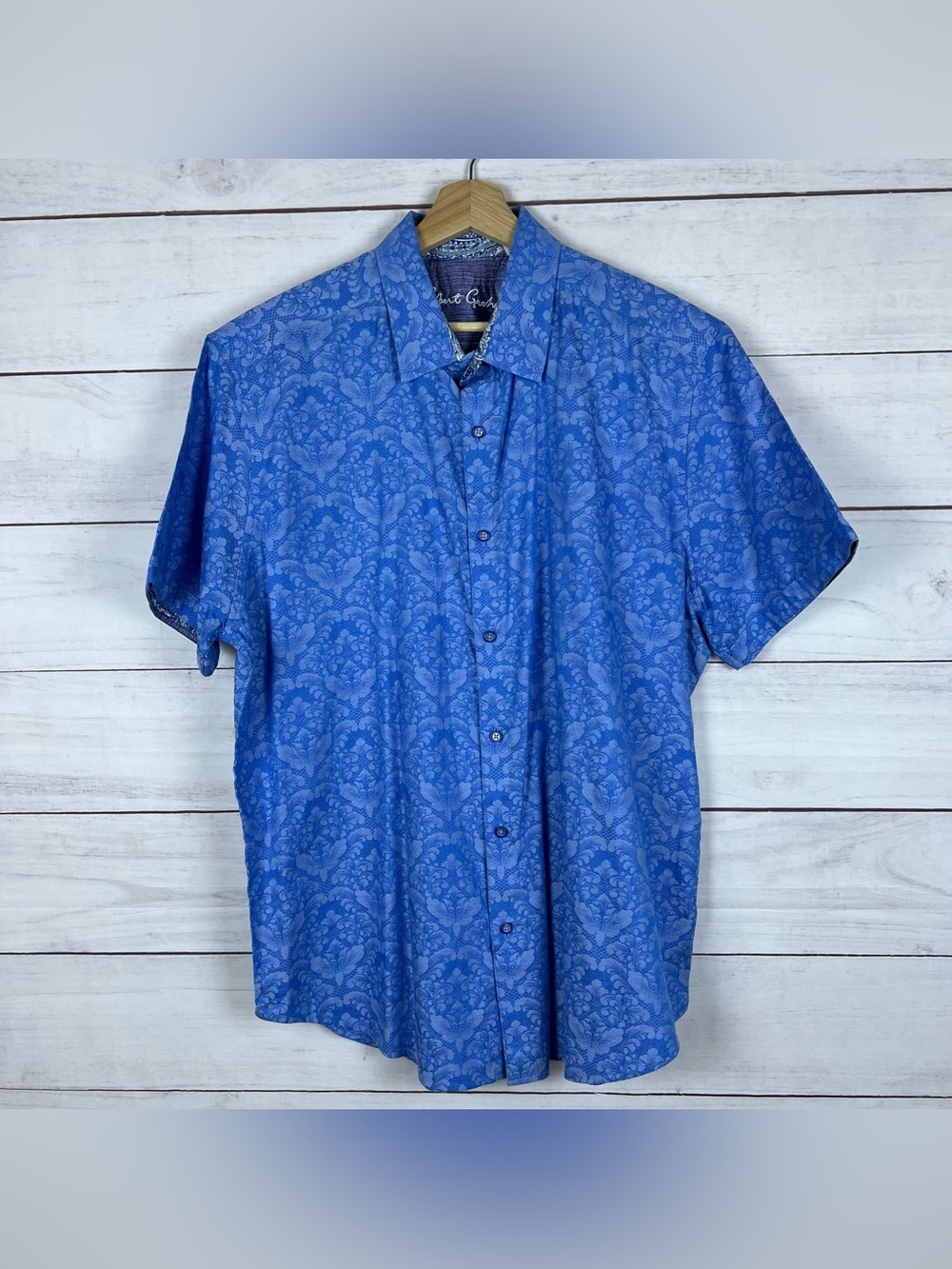 Robert Graham Button Down Shirt Mens 2XL Blue Damask Jacquard Short Sleeve